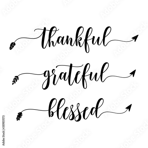 Thankful Grateful Blessed - Inspirational Thanksgiving day handwritten quote, lettering message. Hand drawn phrase. Handwritten modern brush calligraphy. For social media, posters, cards. Give thanks!