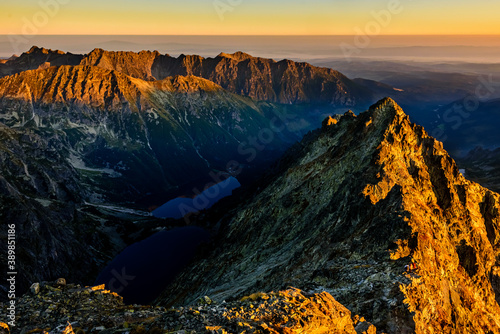 Fototapeta Naklejka Na Ścianę i Meble -  A beautiful sunrise over the High Tatras mountain ridge at Rysy on slovakian polish borders. 