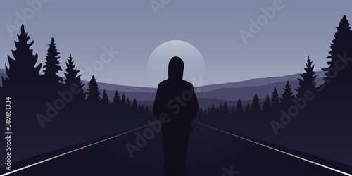 girl stad on the asphalt road and looks to the mountains vector illustration EPS10