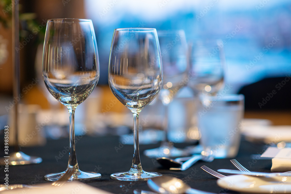 empty wine glass prepare on fine dining table empty wine glass prepare on fine dining table