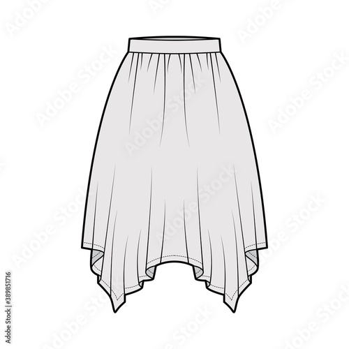Skirt handkerchief technical fashion illustration with circular knee silhouette, pencil fullness, thin waistband. Flat bottom template front, grey color style. Women, men, unisex CAD mockup