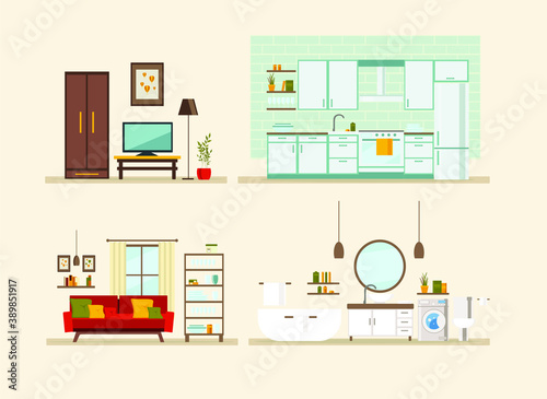 set with interiors, bathroom, kitchen, living room and bedroom, flat vector illustration of rooms with furniture