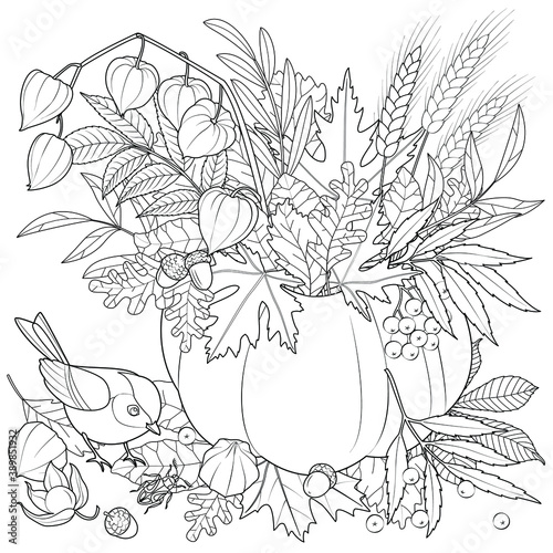 Bouquet of autumn leaves in a pumpkin black and white vector illustration