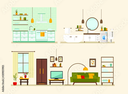 set with interiors, bathroom, kitchen, living room and bedroom, flat vector illustration of rooms with furniture
