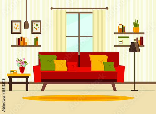 living room interior with furniture  table  window  shelves with books and home flowers  floor lamp. flat cartoon vector illustration