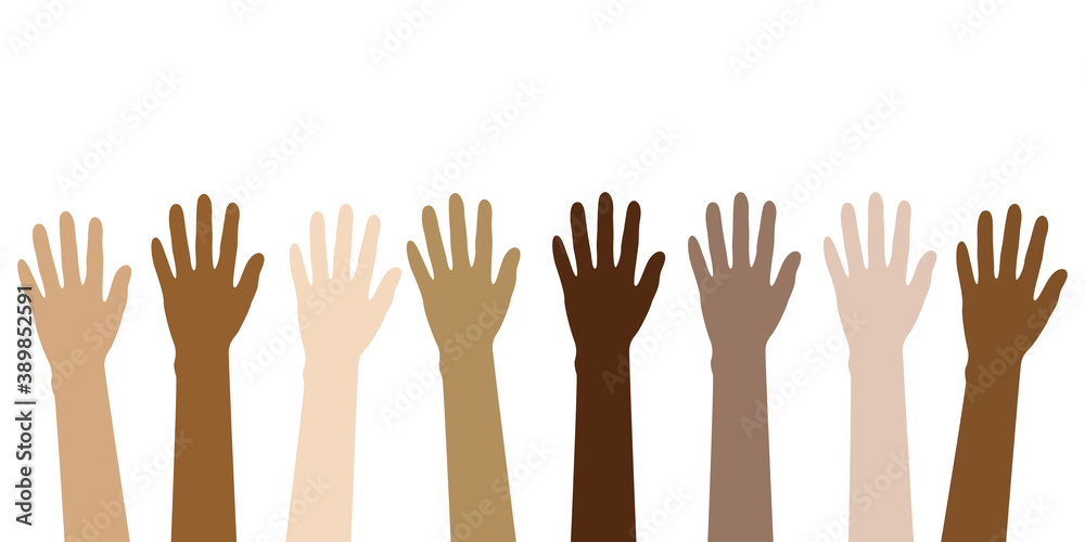Fototapeta premium raised hands in different skin colors isolated on white vector illustration EPS10