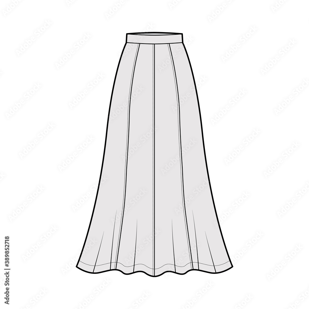 Skirt maxi eight gore technical fashion illustration with ankle lengths silhouette, semi-circular fullness. Flat bottom template front, grey color style. Women, men, unisex CAD mockup
