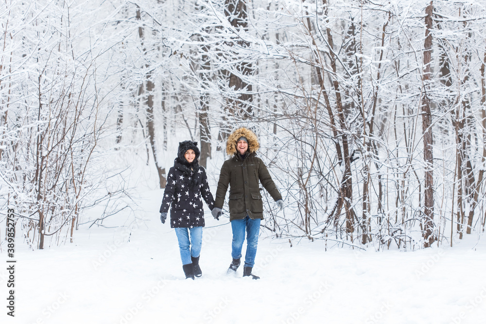 Young couple walking in a snowy park. Winter season. Young couple walking in a snowy park. Winter season.