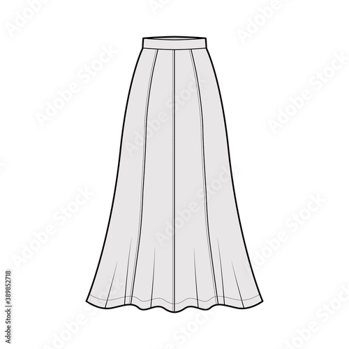Skirt maxi eight gore technical fashion illustration with ankle lengths silhouette, semi-circular fullness. Flat bottom template front, grey color style. Women, men, unisex CAD mockup