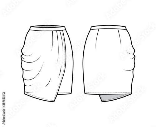 Skirt drapped technical fashion illustration with straight semi fitted knee silhouette, pencil fullness, thin waistband. Flat bottom template front, back white color style. Women men unisex CAD mockup