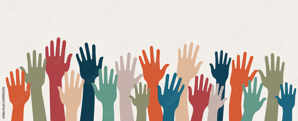 Group of raised human arms and hands. Concept of charity volunteer donation or assistance. Cooperation team of multiethnic volunteers. Community. Friendship. Background copy space Group of raised human arms and hands. Concept of charity volunteer donation or assistance. Cooperation team of multiethnic volunteers. Community. Friendship. Background copy space