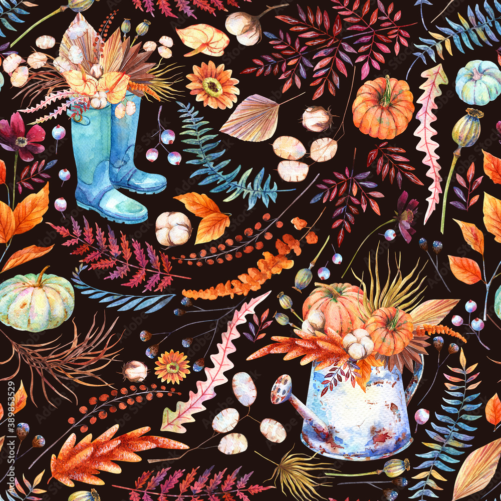 Autumn seamless pattern. Watercolor floral, pumpkins, garden tools
