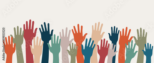 Group of raised human arms and hands. Concept of charity volunteer donation or assistance. Cooperation team of multiethnic volunteers. Community. Friendship. Background copy space
