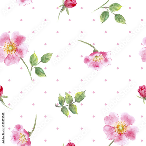 Watercolor seamless pattern with wild rose flowers and dots in pink