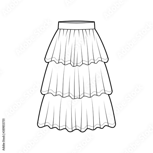Skirt layered ruffle tiared flounce technical fashion illustration with below-the-knee lengths, circle silhouette. Flat bottom template front, white color style. Women men unisex CAD mockup