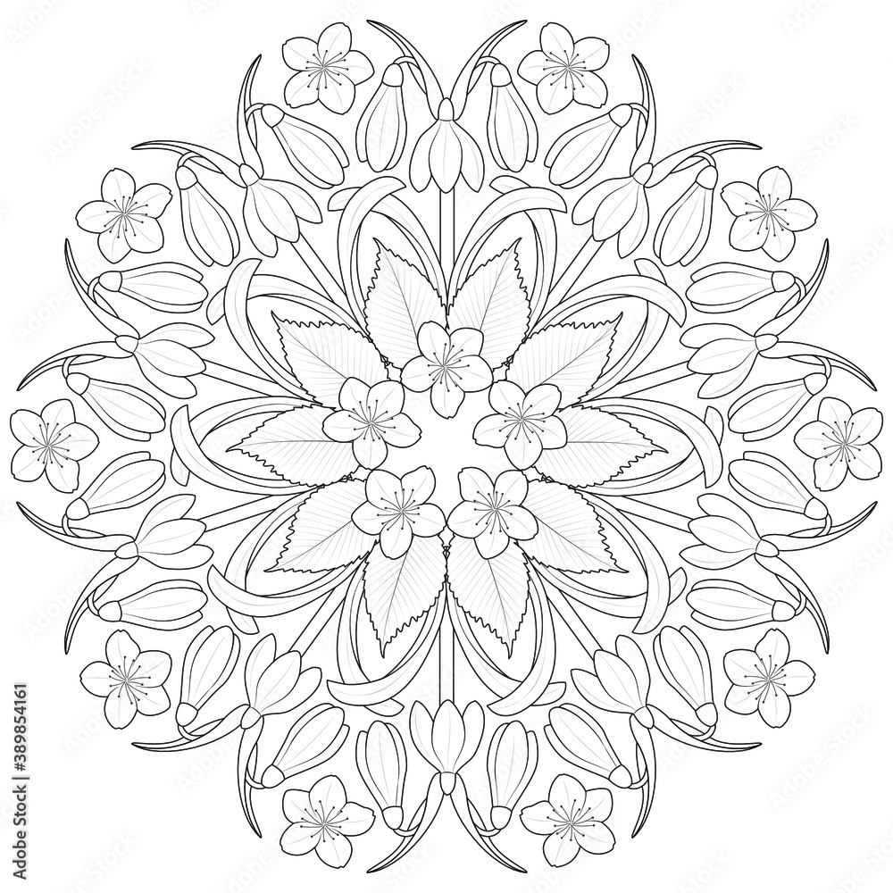 Fototapeta premium Spring flower mandala black and white illustration for coloring