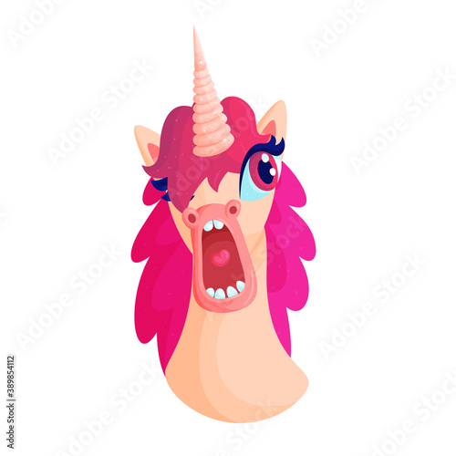 Cute shocked unicorn with open mouth vector illustration. Funny magic horse yelling face isolated on white background. Frightened fairytale animal with pink mane shouting cartoon character