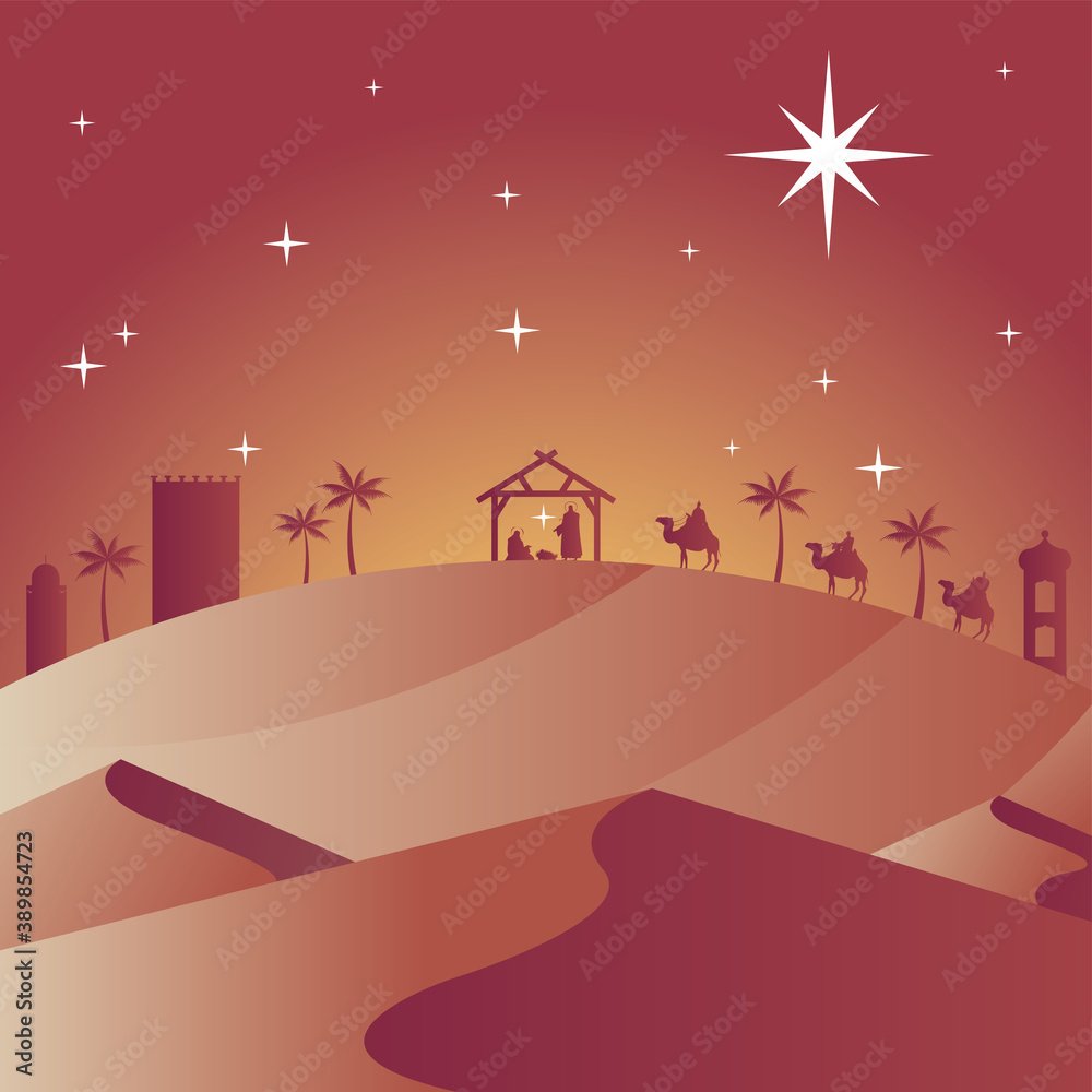 happy merry christmas card with holy family in stable and magic kings in camels silhouettes