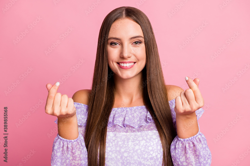 Photo of smiling adorable teen girl wear casual purple outfit ask give her money isolated pastel pink color background Photo of smiling adorable teen girl wear casual purple outfit ask give her money isolated pastel pink color background