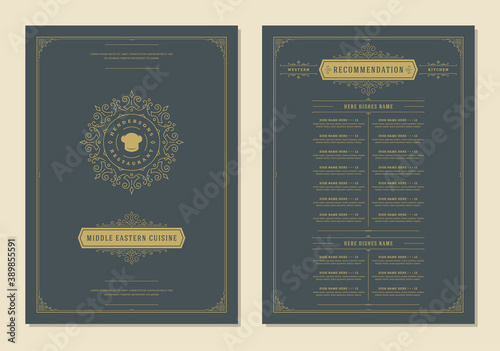 Menu design template with cover and restaurant vintage logo vector brochure.