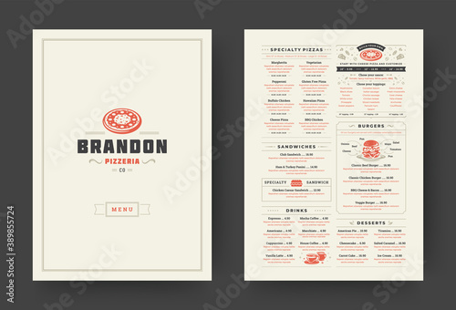 Pizza restaurant menu layout design brochure or food flyer template vector illustration.