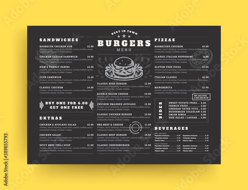 Burger restaurant menu layout design brochure or food flyer template vector illustration.