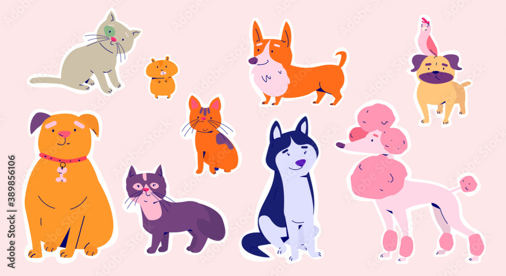 Cute sticker template decorated with different dogs and cats. Large set of trendy stickers vector flat illustration. Cute sticker template decorated with different dogs and cats. Large set of trendy stickers vector flat illustration.