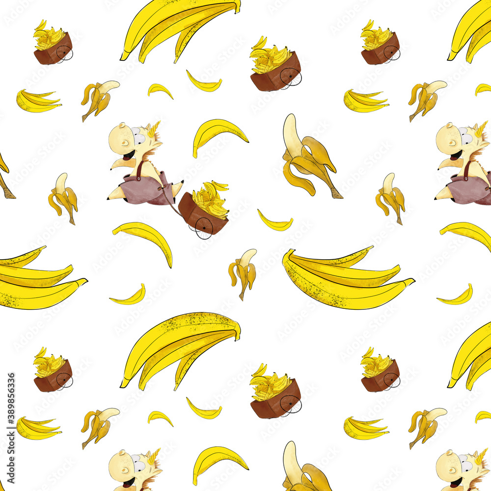 Seamless pattern. Unicorn with bananas. For the decoration of textiles, packaging.
JPG 6000x6000 format
400 dpi