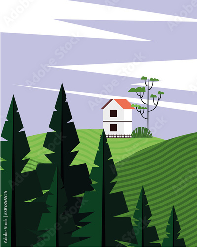 beautiful landcape scene with coniferus forest and house