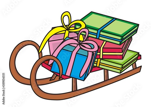 Sledge and Christmas gifts, isolated vector illustration