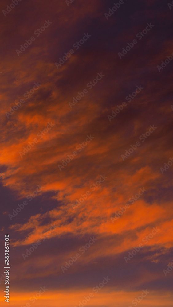 Fabuleux ciel rouge nacré sous des Cirrus de haute altitude, alors que le soleil se couche