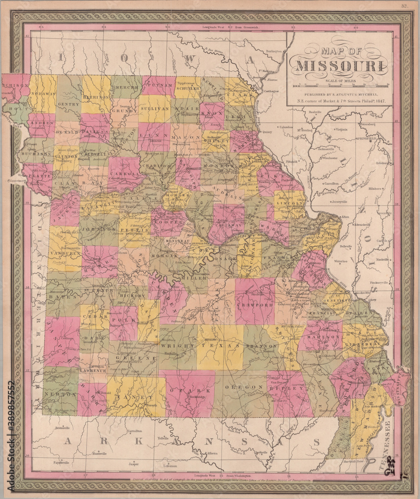 Vintage Antique Map of Missouri USA, Beautiful Background for Designers