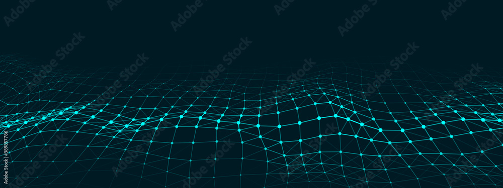 Artificial intelligence concept. Big data visualization. Blue cyber technology wave. Vector illustration. 3d rendering.