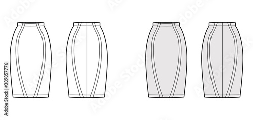 Skirt sheath technical fashion illustration with straight semi fitted knee silhouette, pencil fullness, thin waistband. Flat bottom template front, back, white grey color style. Women, men, CAD mockup