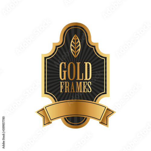 elegant golden frame emblem with lettering and ribbon