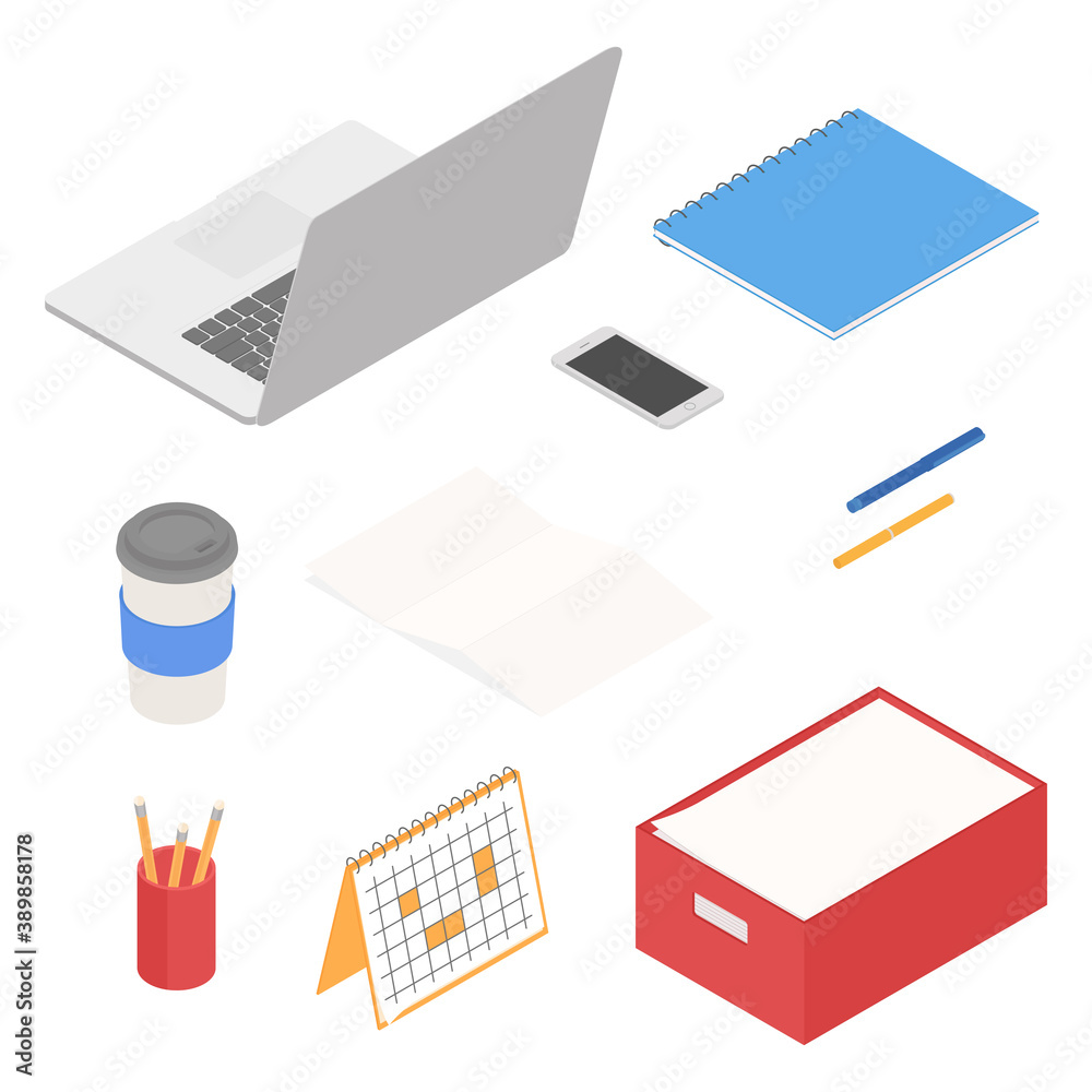 Office supplies set with laptop. Isometric vector illustration in flat design. Working from home, office, doing homework, school. Office supplies set with laptop. Isometric vector illustration in flat design. Working from home, office, doing homework, school.