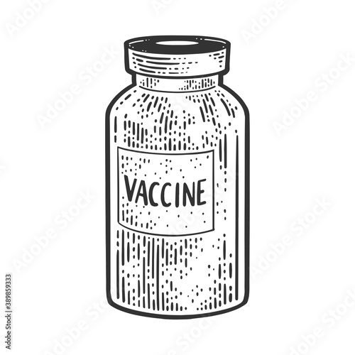 Vaccine bottle pill tablet drug in blister pack sketch engraving vector illustration. T-shirt apparel print design. Scratch board imitation. Black and white hand drawn image.