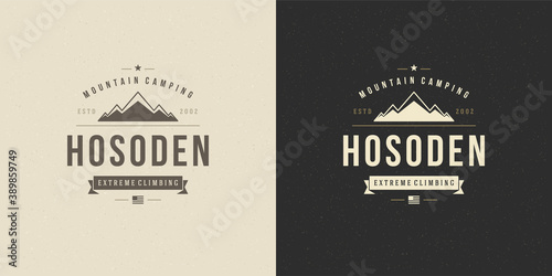 Mountain camping logo emblem outdoor landscape vector illustration rock hills silhouette for shirt or print stamp