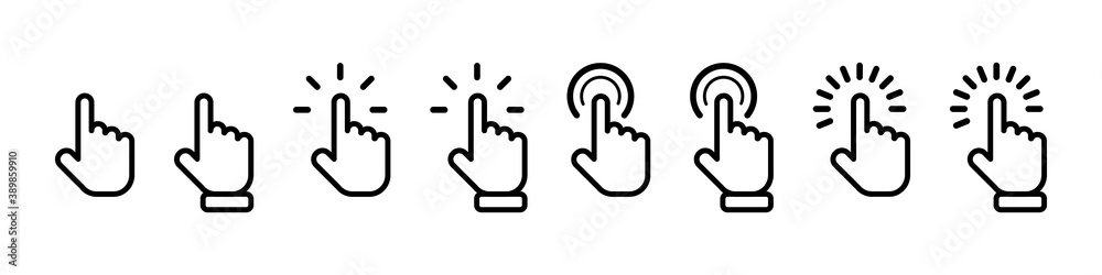 Cursor click collection. Cursor computer mouses, isolated. Clicking cursor vector icons. Pointing hand clicks. Vector illustration