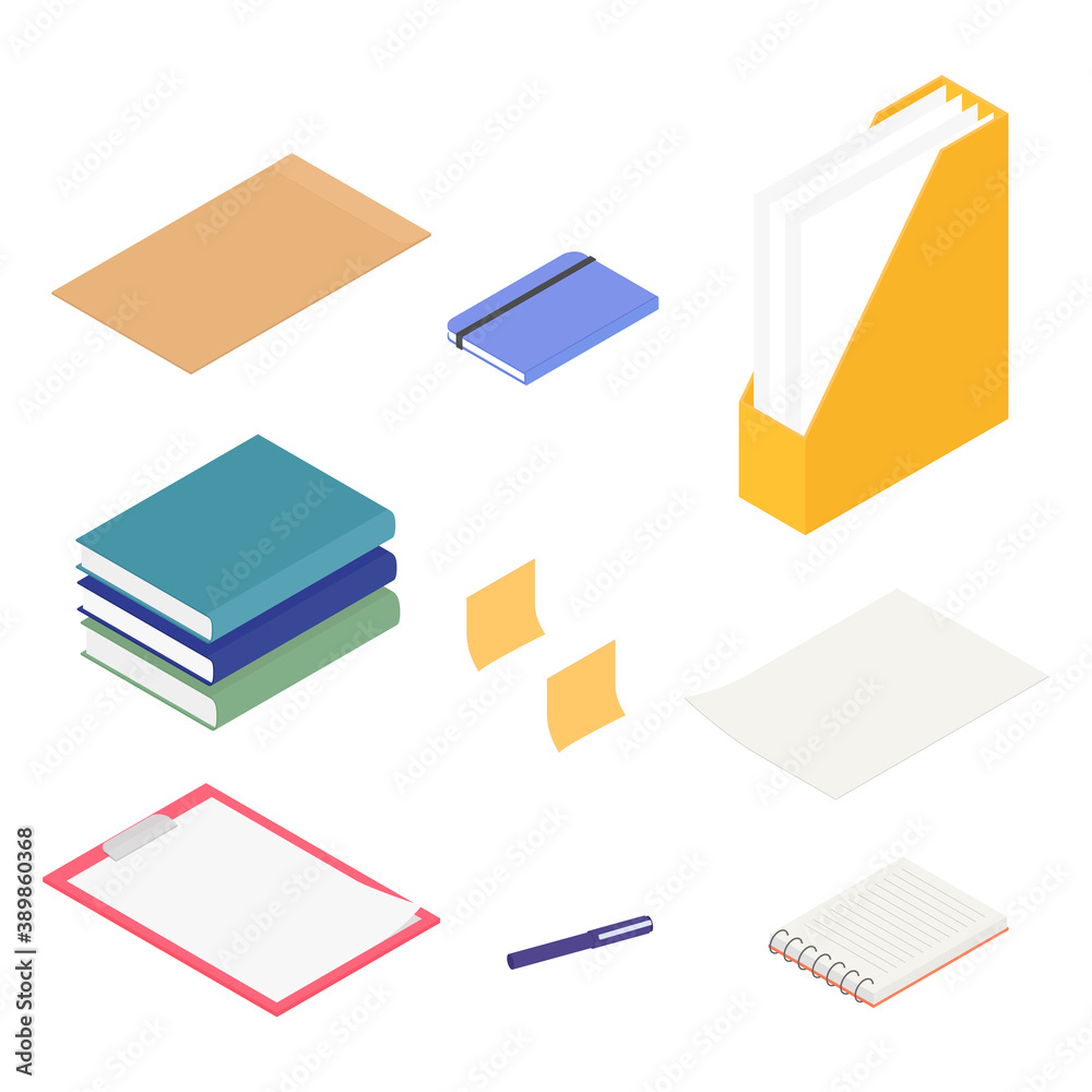 Stationery set. Isometric vector illustration in flat design.
Working from home, office, doing homework. Stationery set. Isometric vector illustration in flat design.
Working from home, office, doing homework.