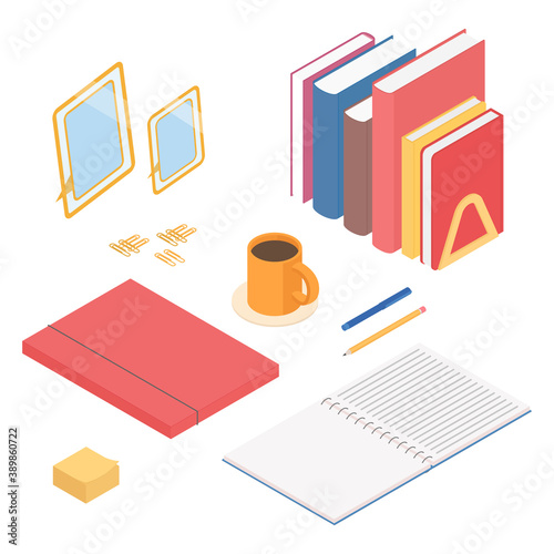 Stationery set. Isometric vector illustration in flat design. Working from home, office, doing homework, writing.
