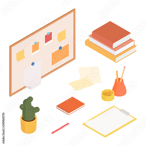 Stationery set with board. Isometric vector illustration in flat design. Working from home, office, doing homework, studing.