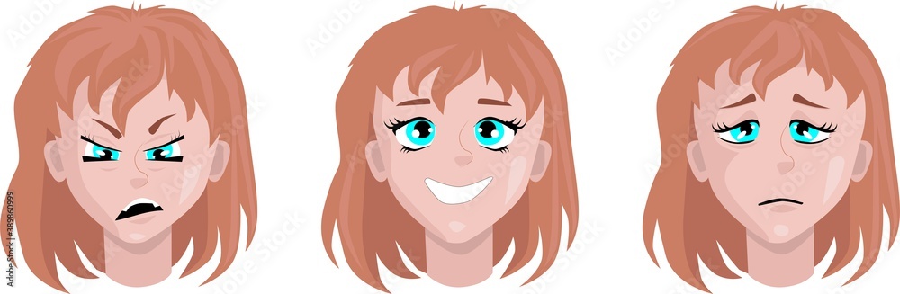 girl with three different emotions joy, sadness, anger. Suitable for stylers or site design. girl with three different emotions joy, sadness, anger. Suitable for stylers or site design.