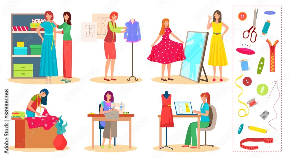 Designer tailor people work vector illustration set. Cartoon flat clothier fashioner character working, seamstress sewing, designing fashion clothes in dressmakers clothing workshop isolated on white