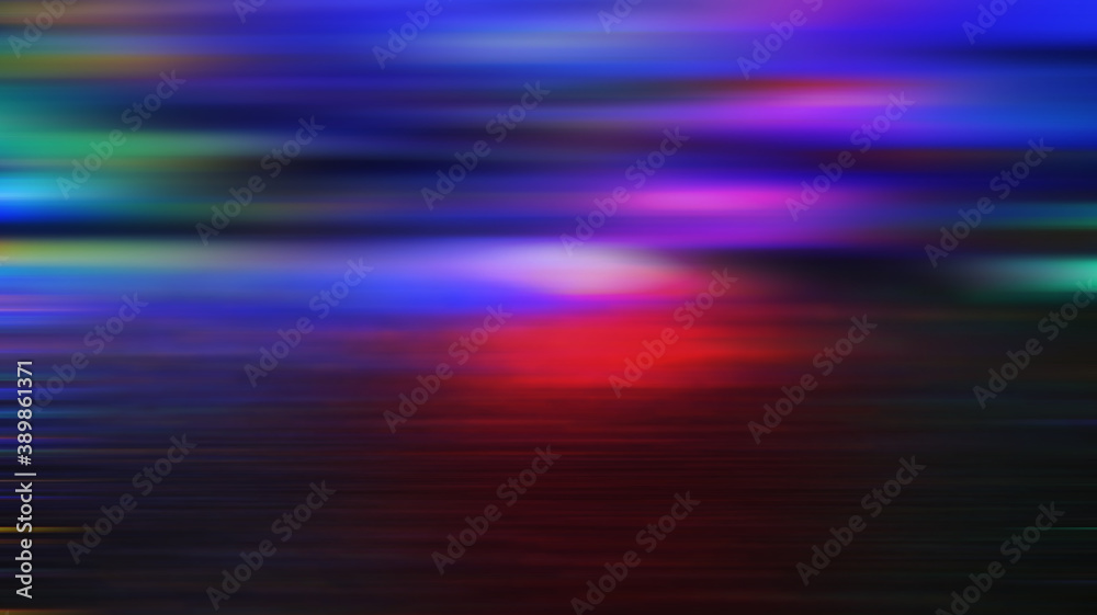 Dark abstract background with neon blurred colorful lights. Reflection on the surface of a multi-colored bokeh.