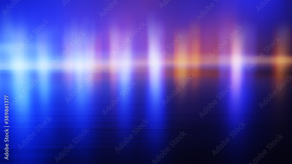 Dark abstract background with neon blurred colorful lights. Reflection on the surface of a multi-colored bokeh.