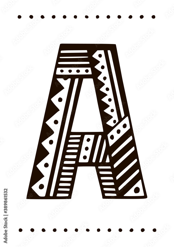 Ornamental capital letter A. Creative initials with geometric motives. Original interior poster with hand-drawn monogram. Vector illustration in scandinavian style.