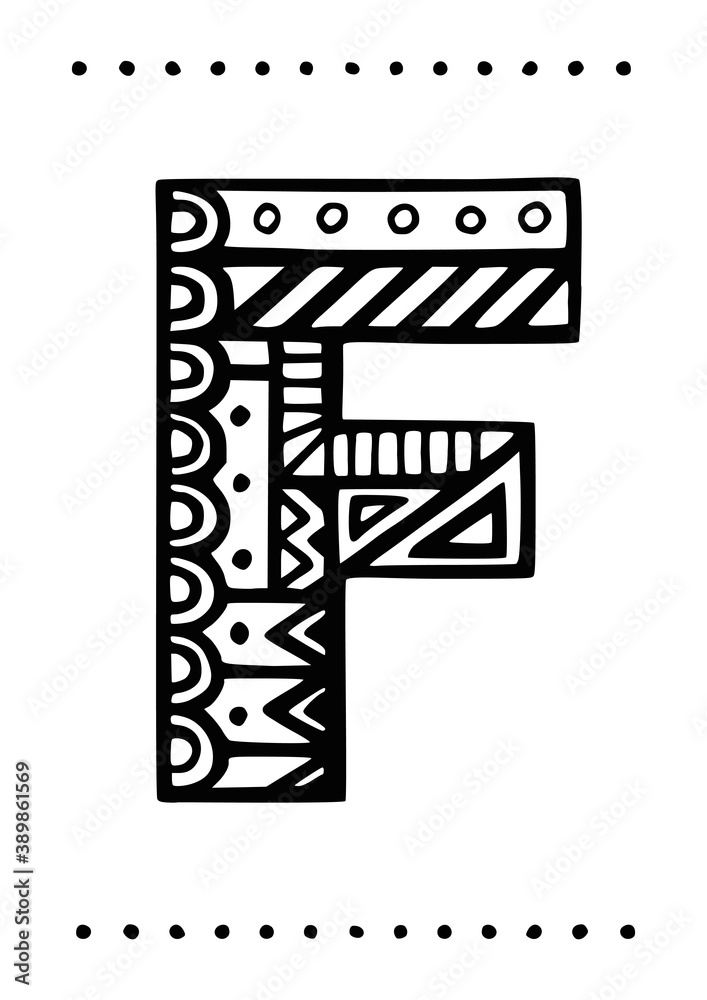Ornamental capital letter F. Creative initials with geometric motives. Original interior poster with hand-drawn monogram. Vector illustration in scandinavian style. Ornamental capital letter F. Creative initials with geometric motives. Original interior poster with hand-drawn monogram. Vector illustration in scandinavian style.