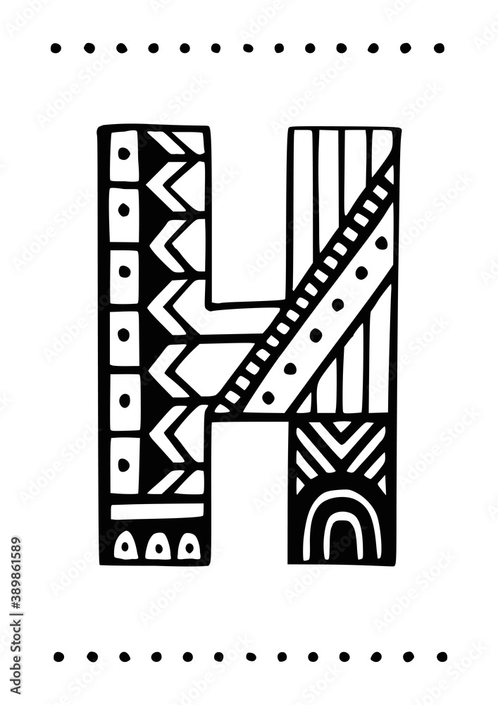 Ornamental capital letter H. Creative initials with geometric motives. Original interior poster with hand-drawn monogram. Vector illustration in scandinavian style.