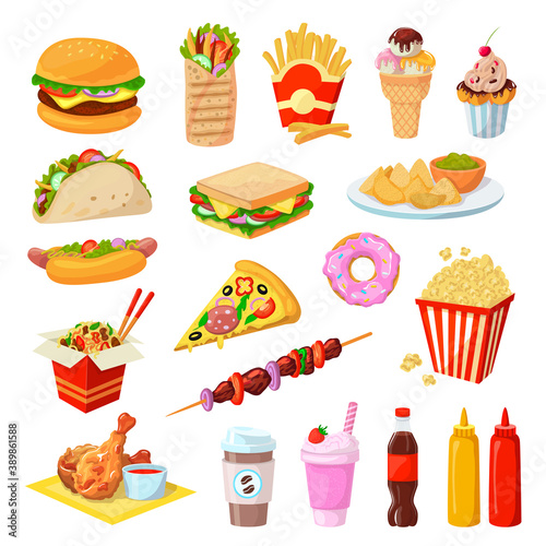 Fast food vector illustration set. Cartoon flat unhealthy streetfood cafe menu collection for junk food party with ice cream burger popcorn hotdog sandwich pizza donut french fries isolated on white